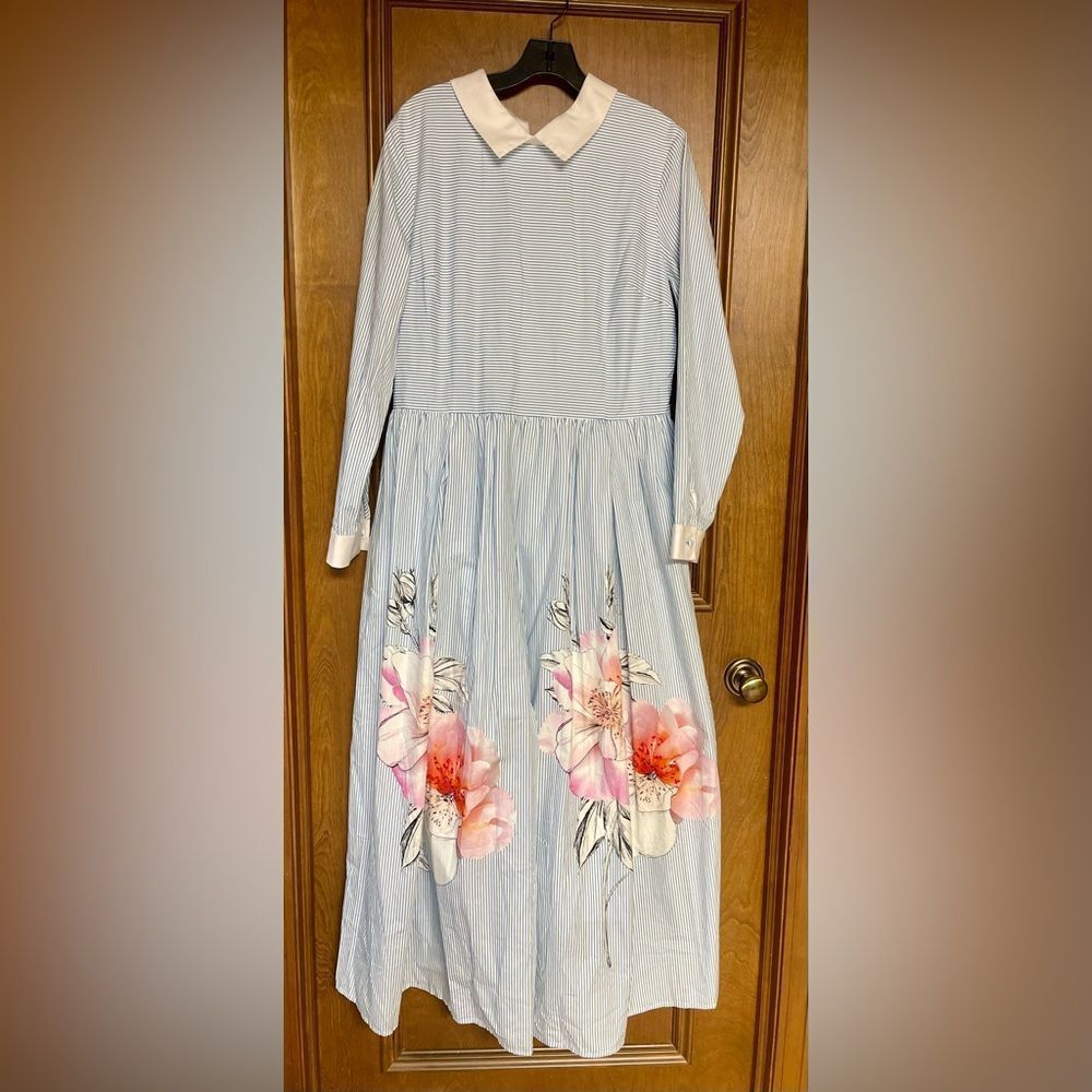 Striped Floral Long Sleeve Dress - Blue and Pink